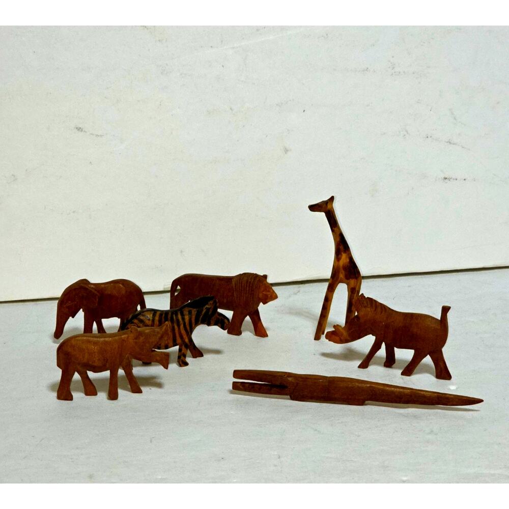 Wooden Animal Lot (7) Carved African Wildlife Africa Giraffe Hippo Elephant SED